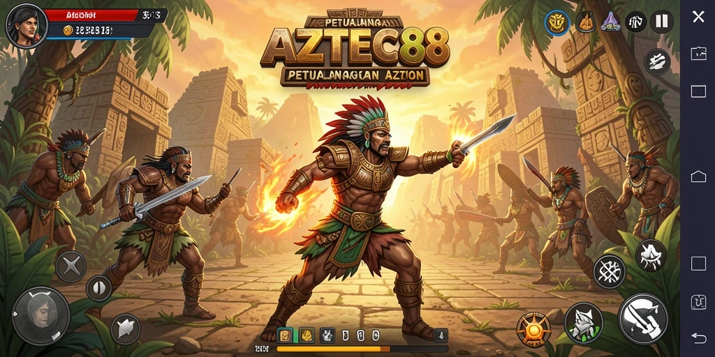 Screenshot utama AZTEC88 menunjukkan aksi mendebarkan saat melawan musuh.