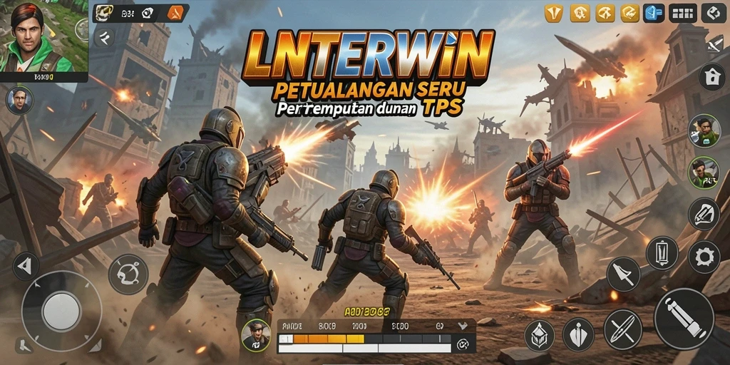 Screenshot utama LNTERWIN menampilkan aksi pertempuran dalam gameplay TPS.