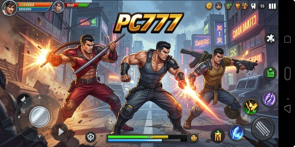 Screenshot utama menunjukkan aksi menegangkan dalam game PC777.